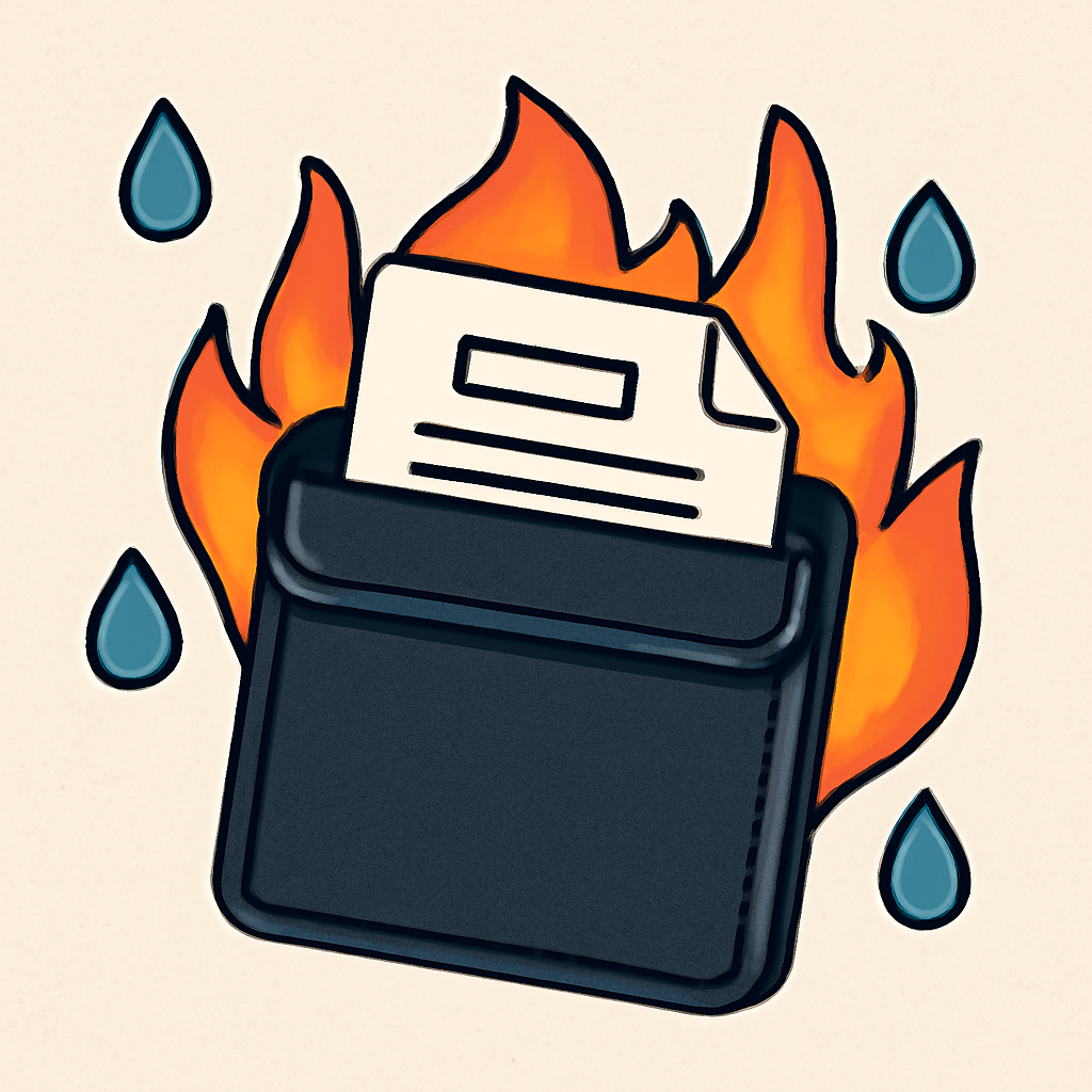 A fireproof and waterproof document pouch with a paper inside, water droplets and flames in the background, emphasizing protection