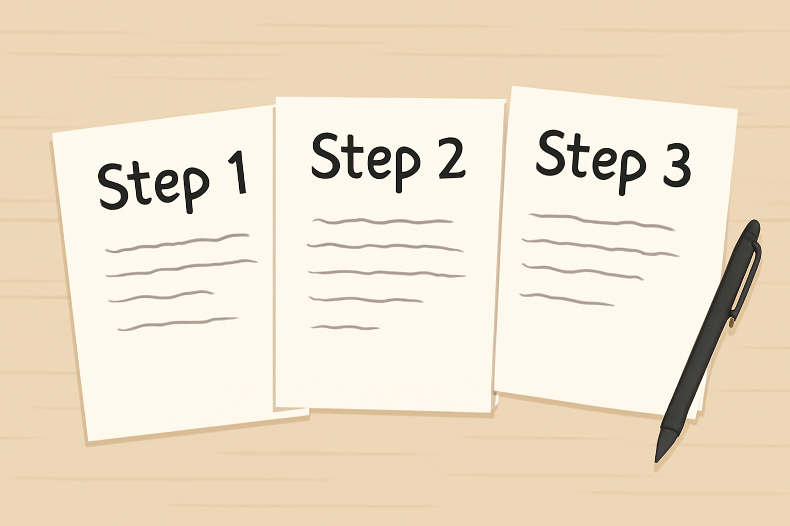 Three sheets of paper, each with handwritten words, placed on a table, pen nearby, tidy and organized