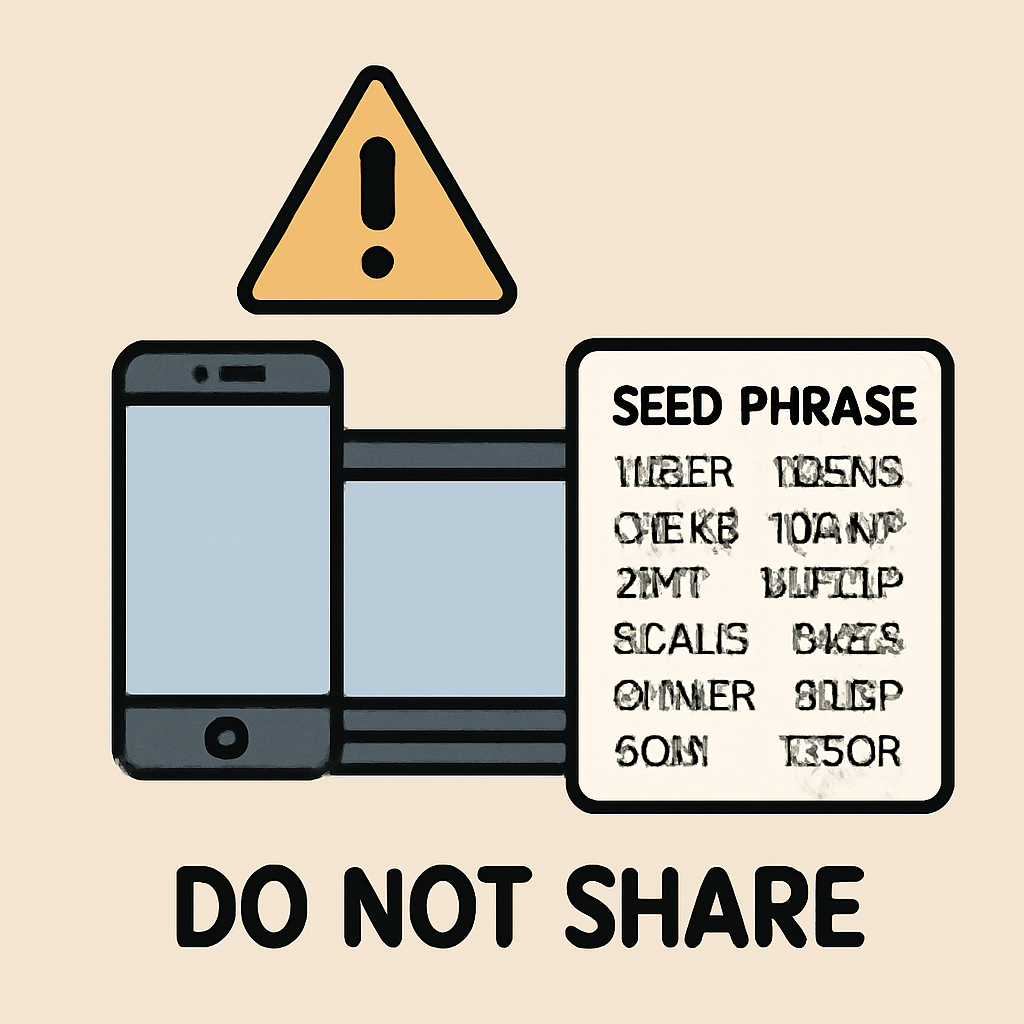 A warning sign over a phone and computer, with a seed phrase on paper kept away from digital devices, emphasizing 'Do Not Share'
