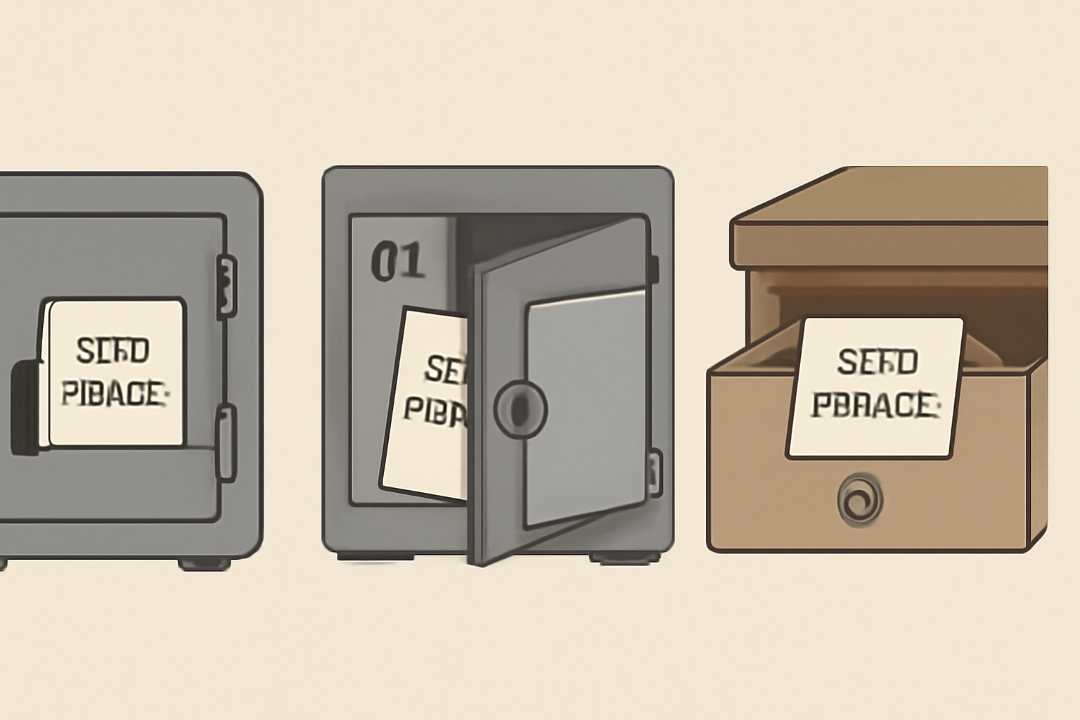 A safe, a bank deposit box, and a locked drawer, each containing a folded piece of paper labeled 'Seed Phrase', shown in separate settings