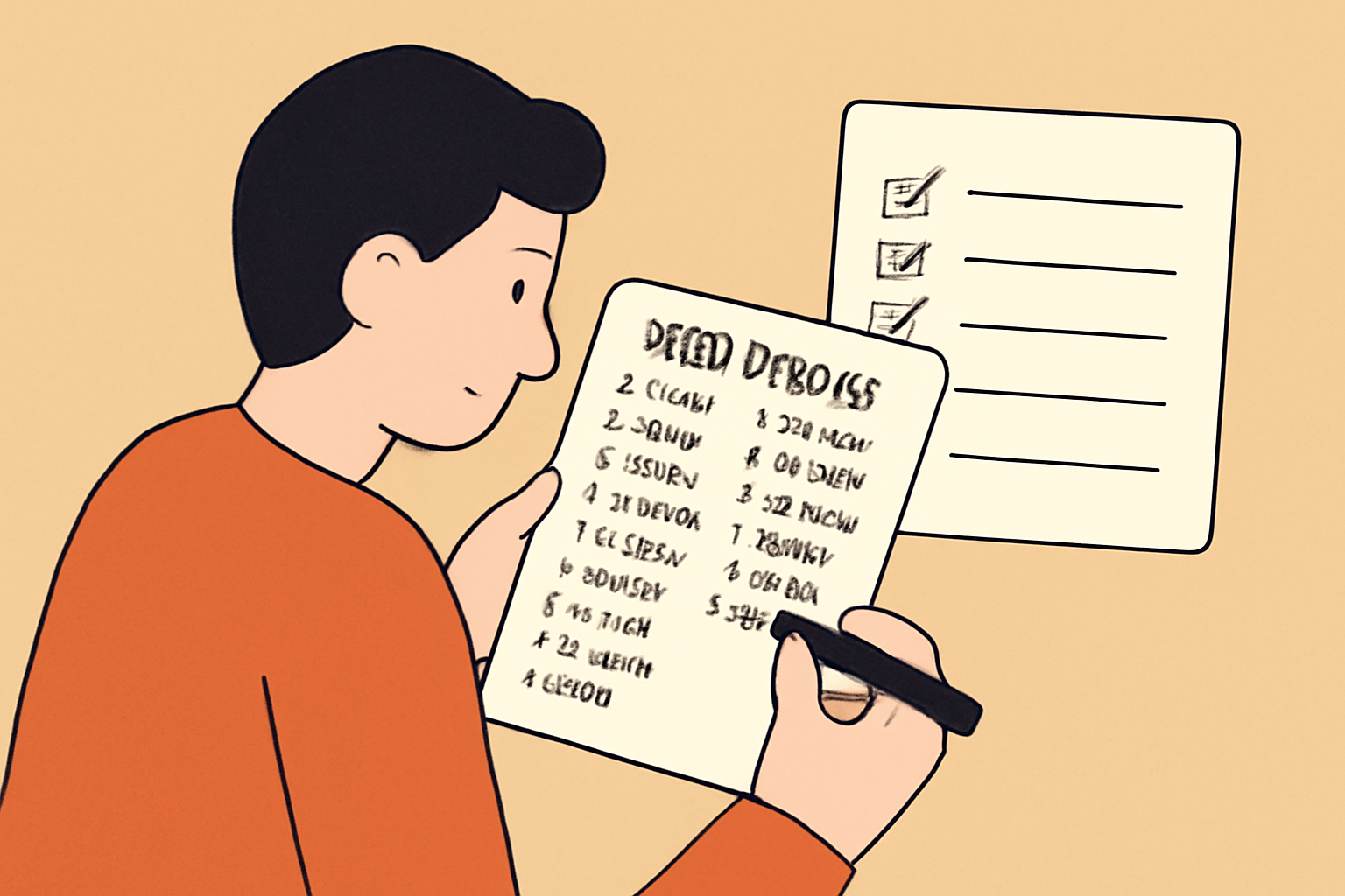 A person carefully reviewing a handwritten seed phrase, checking for legibility, with a checklist beside them