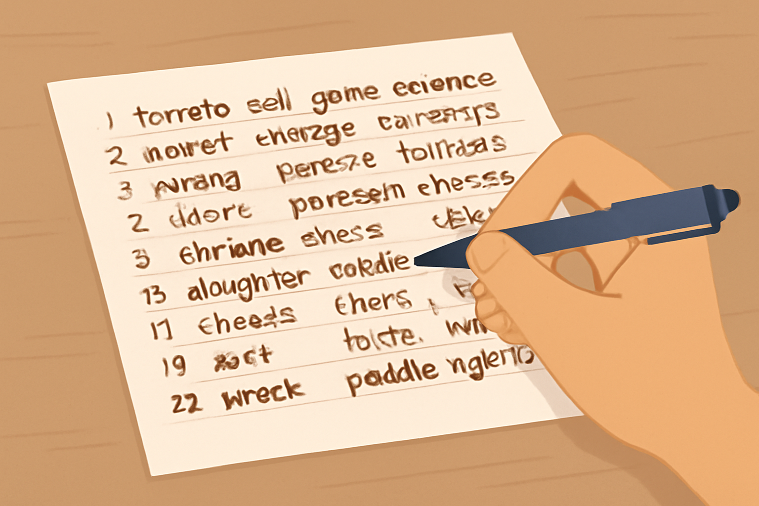 A hand writing a 24-word seed phrase on paper with a pen, no digital devices in sight, secure environment, close-up view