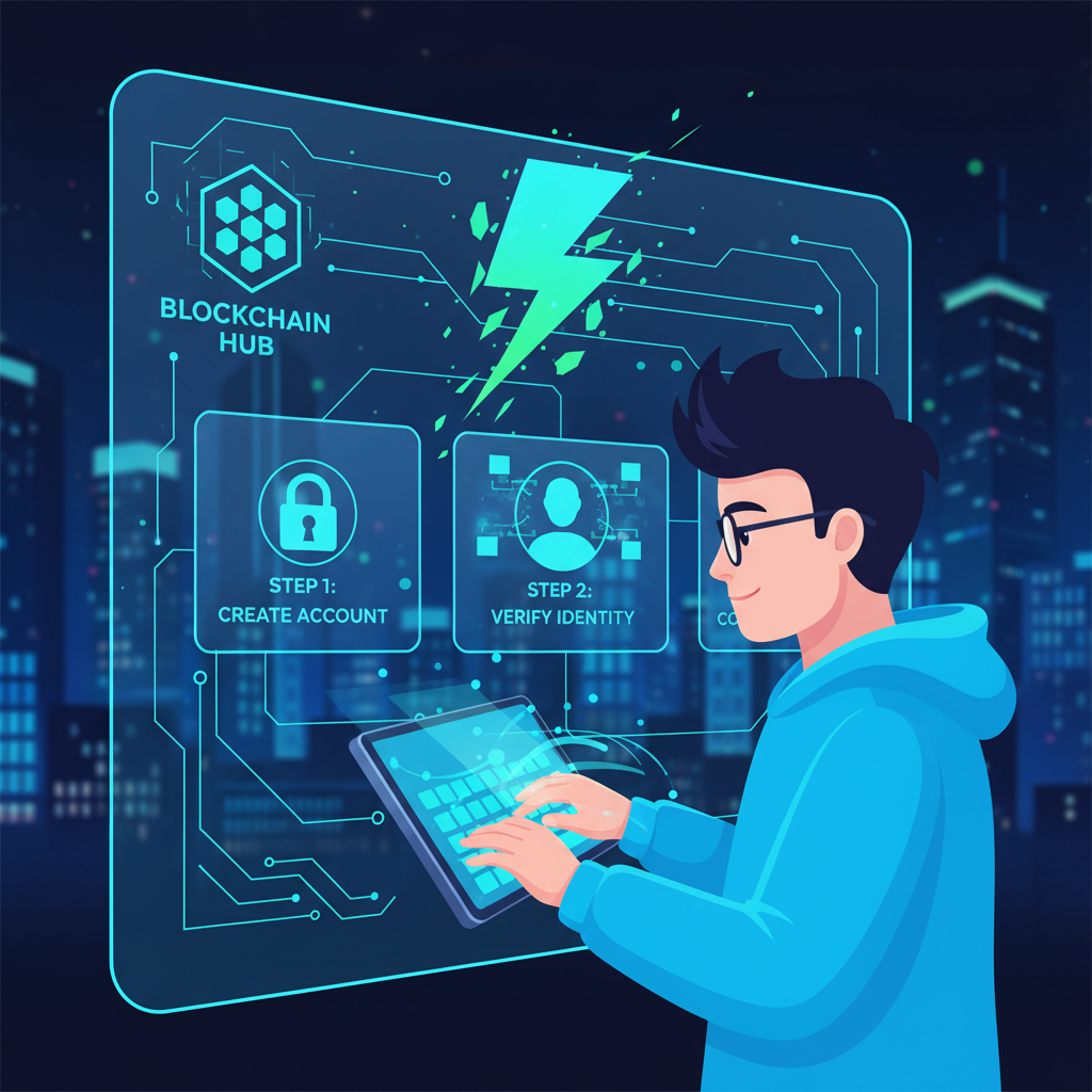 Futuristic signup screen on blockchain platform, lightning bolt effects, vibrant neon blues and greens, energetic SME entrepreneur typing