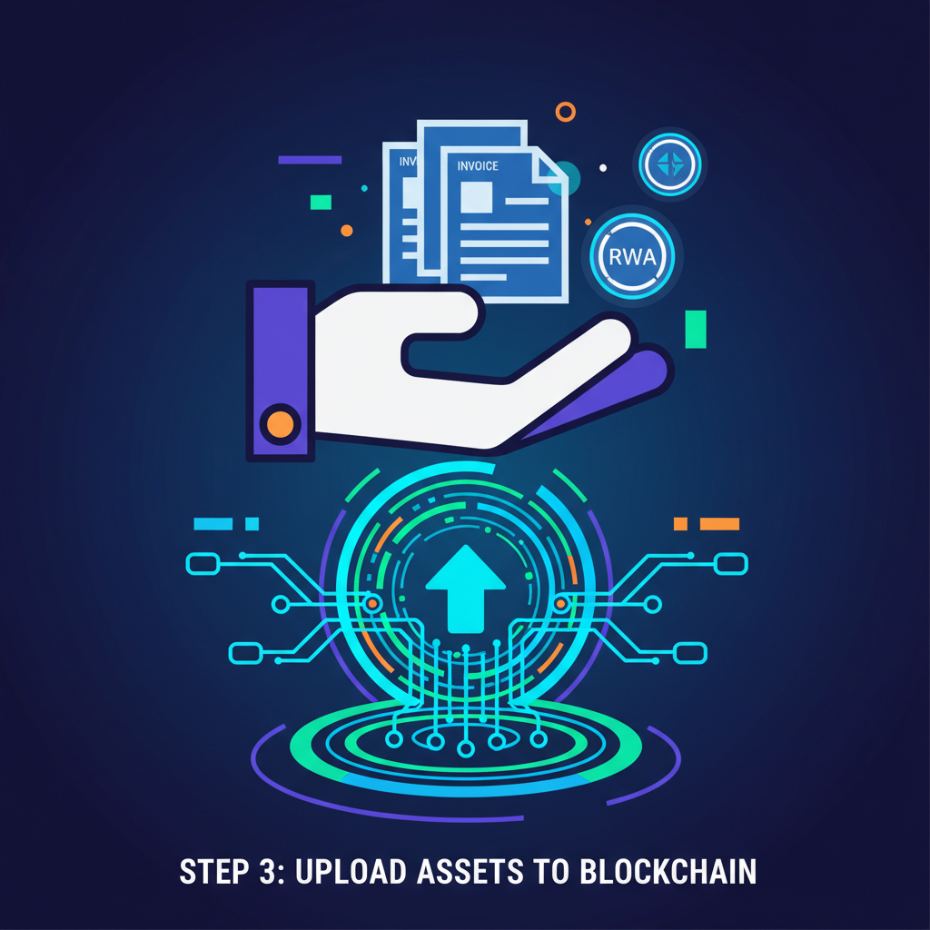 Hand uploading glowing invoice documents and RWA icons into a high-tech upload portal, blockchain chains forming, bold dynamic composition