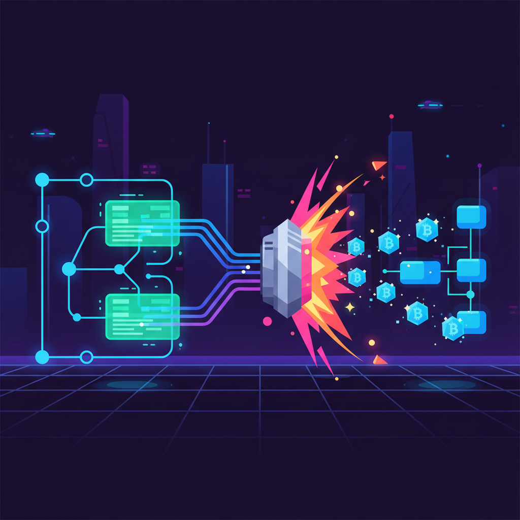 AI neural network scanning invoices, transforming them into sparkling blockchain tokens, futuristic cyberpunk style, explosive energy