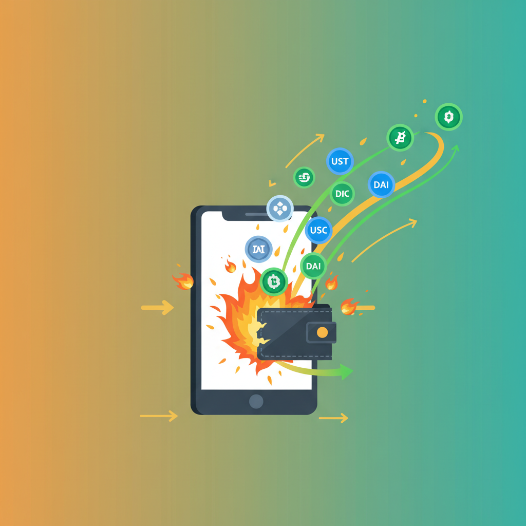 Digital wallet exploding with stablecoin icons like USDT USDC DAI pouring out, instant transfer animation, fiery gold and green tones