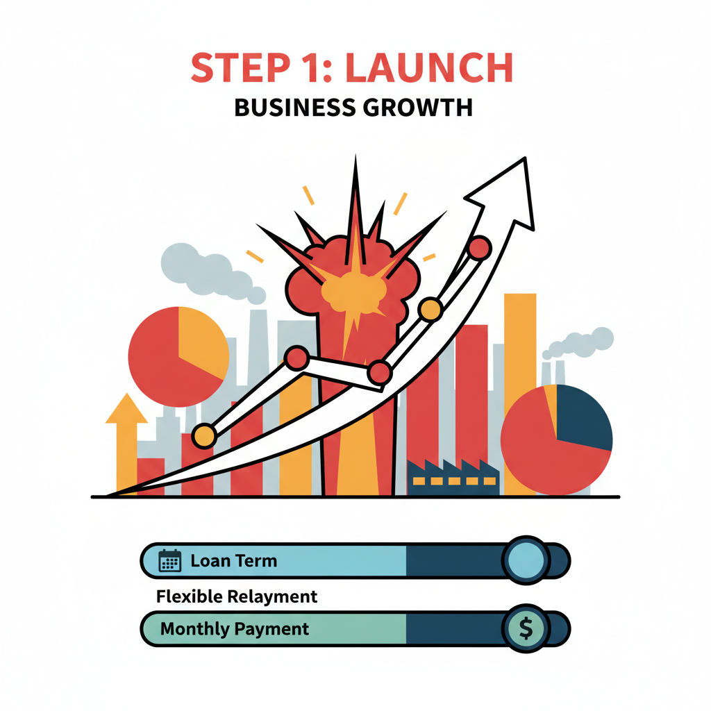 Rocket-launching business charts skyrocketing, flexible repayment sliders, aggressive growth visuals, bold red and orange explosion