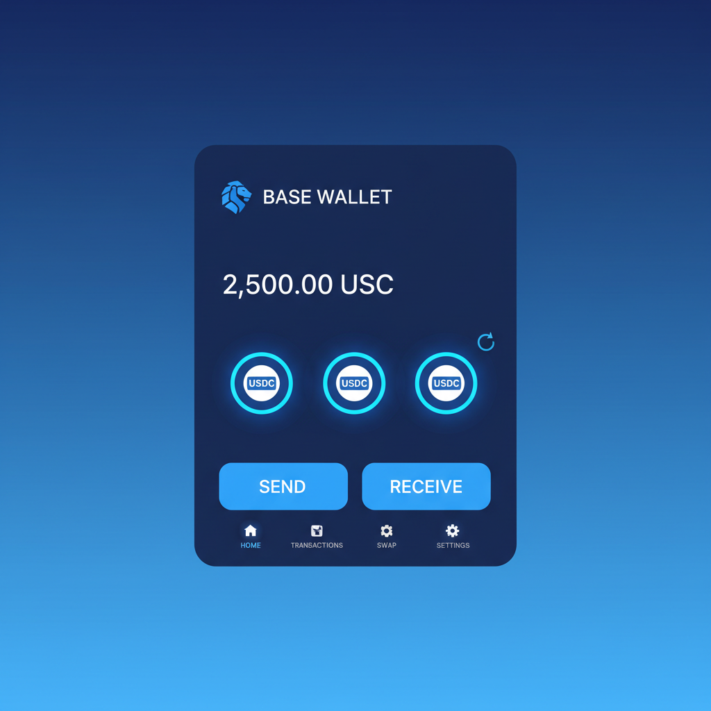 sleek digital wallet interface on Base blockchain with USDC tokens glowing