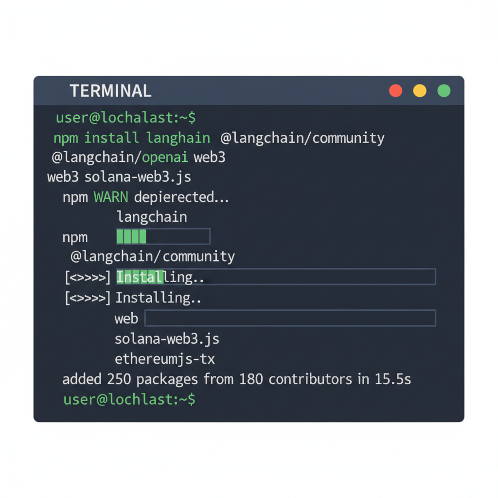 terminal window installing Node.js packages for LangChain and blockchain