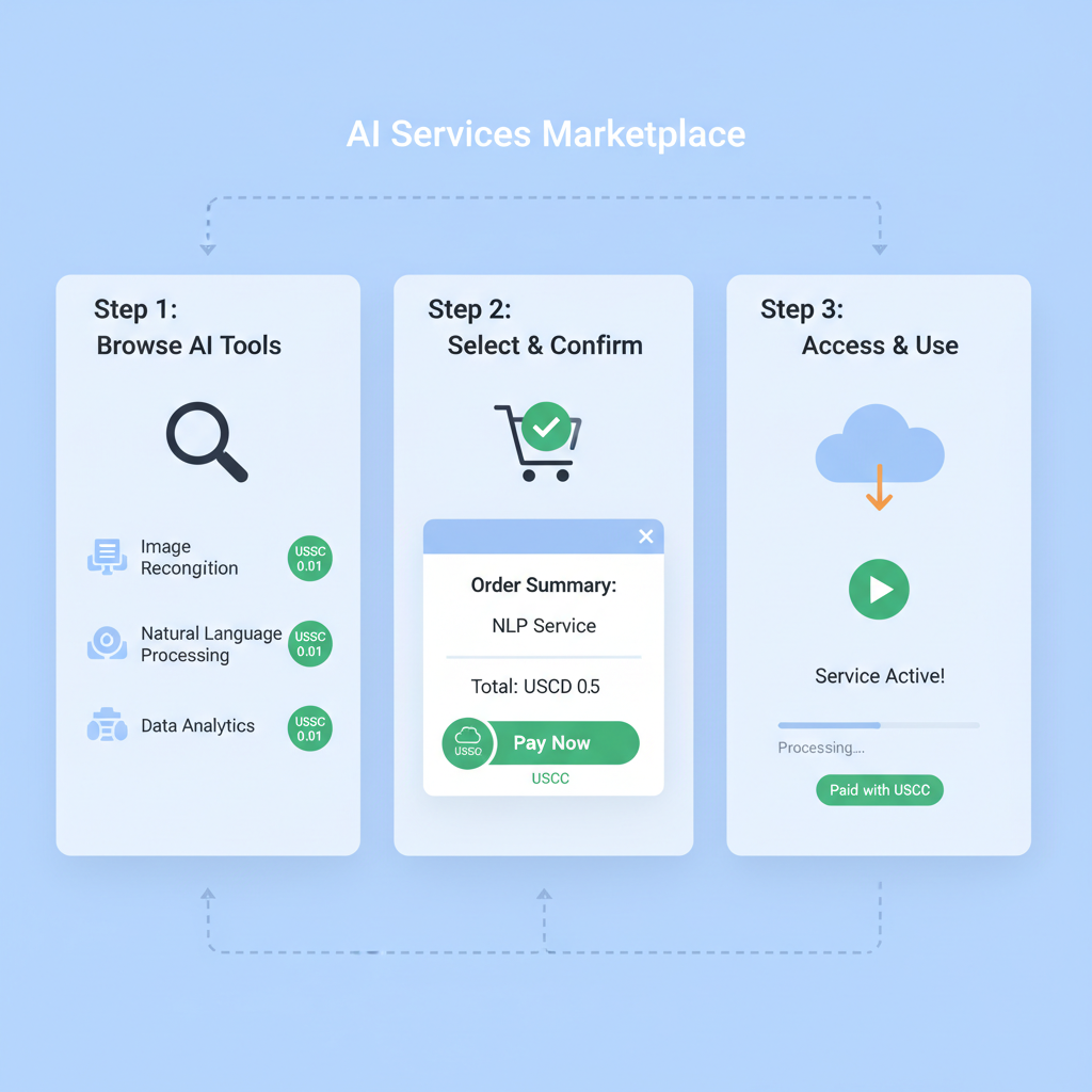 marketplace dashboard showing AI services with USDC micropayment tags