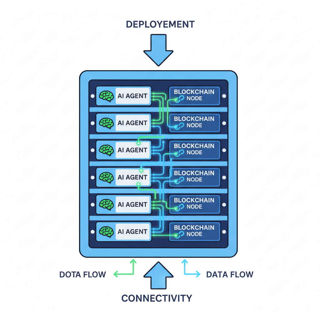 deployed AI agent server rack with blockchain nodes connecting