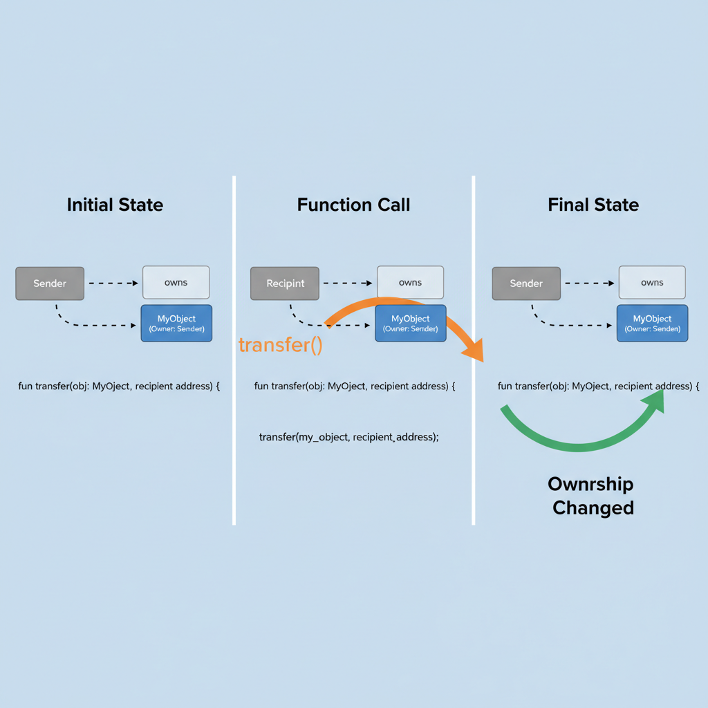 Sui Move transfer function code, arrows showing object ownership change