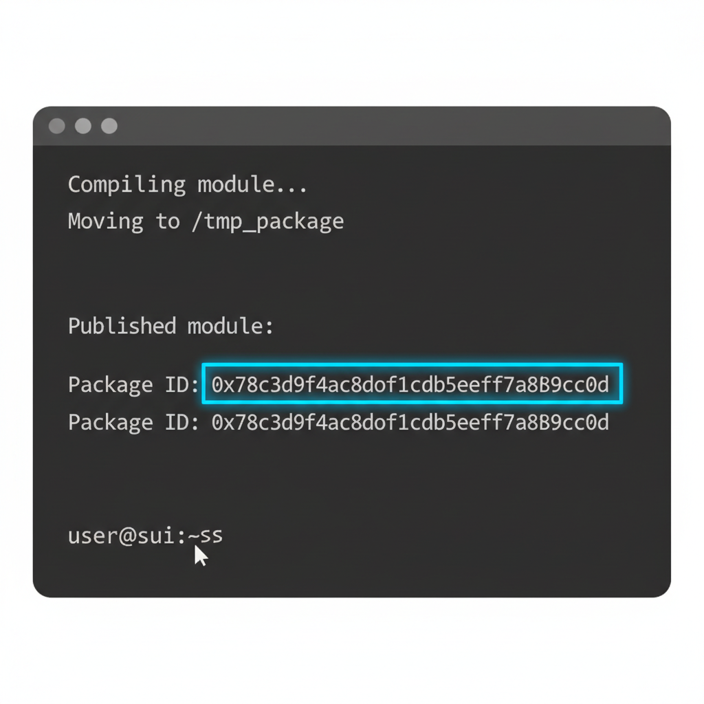 Terminal output of Sui module publish success, package ID highlighted