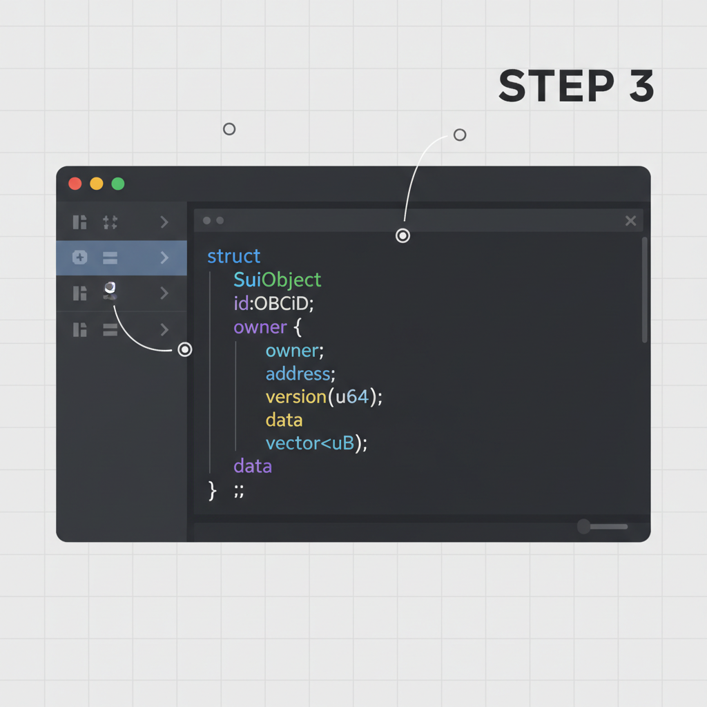 Move code editor showing Sui object struct definition, syntax highlighted