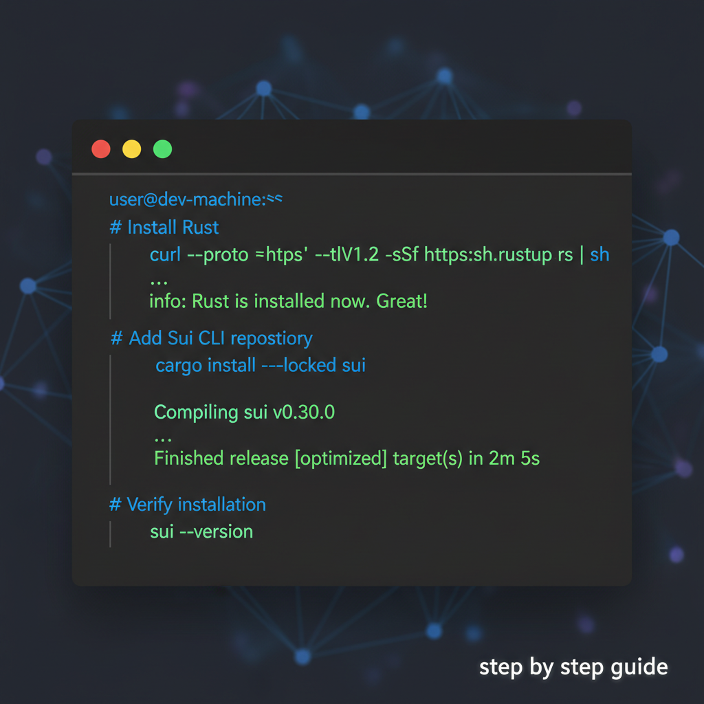 Developer terminal with Sui CLI installation commands, modern dark theme