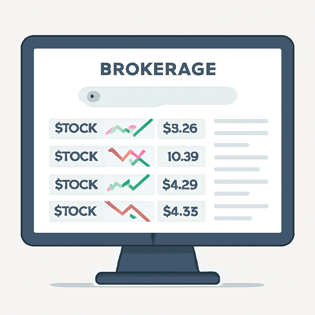 A computer screen displaying a modern brokerage dashboard with various stock options and a search bar.