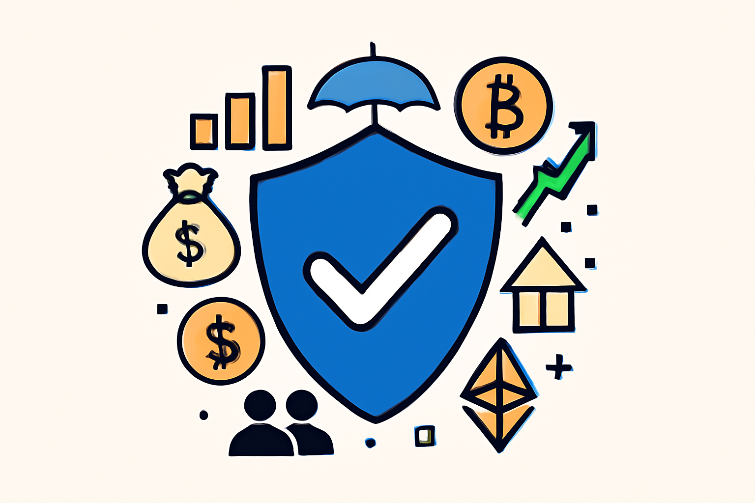 A shield overlaying a diverse group of stock icons and crypto symbols, representing risk management.
