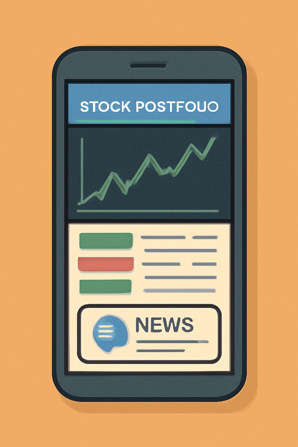 A smartphone displaying a stock portfolio with fluctuating graphs and news alerts.