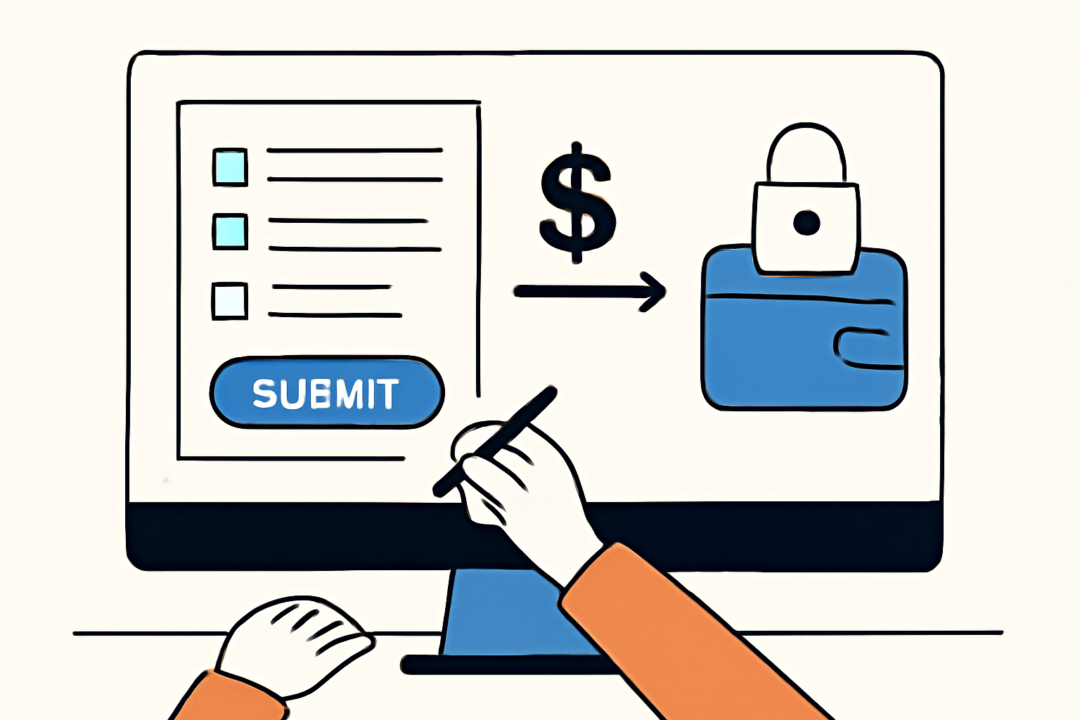 A person filling out an online form and transferring money into a digital account, with a secure lock icon.
