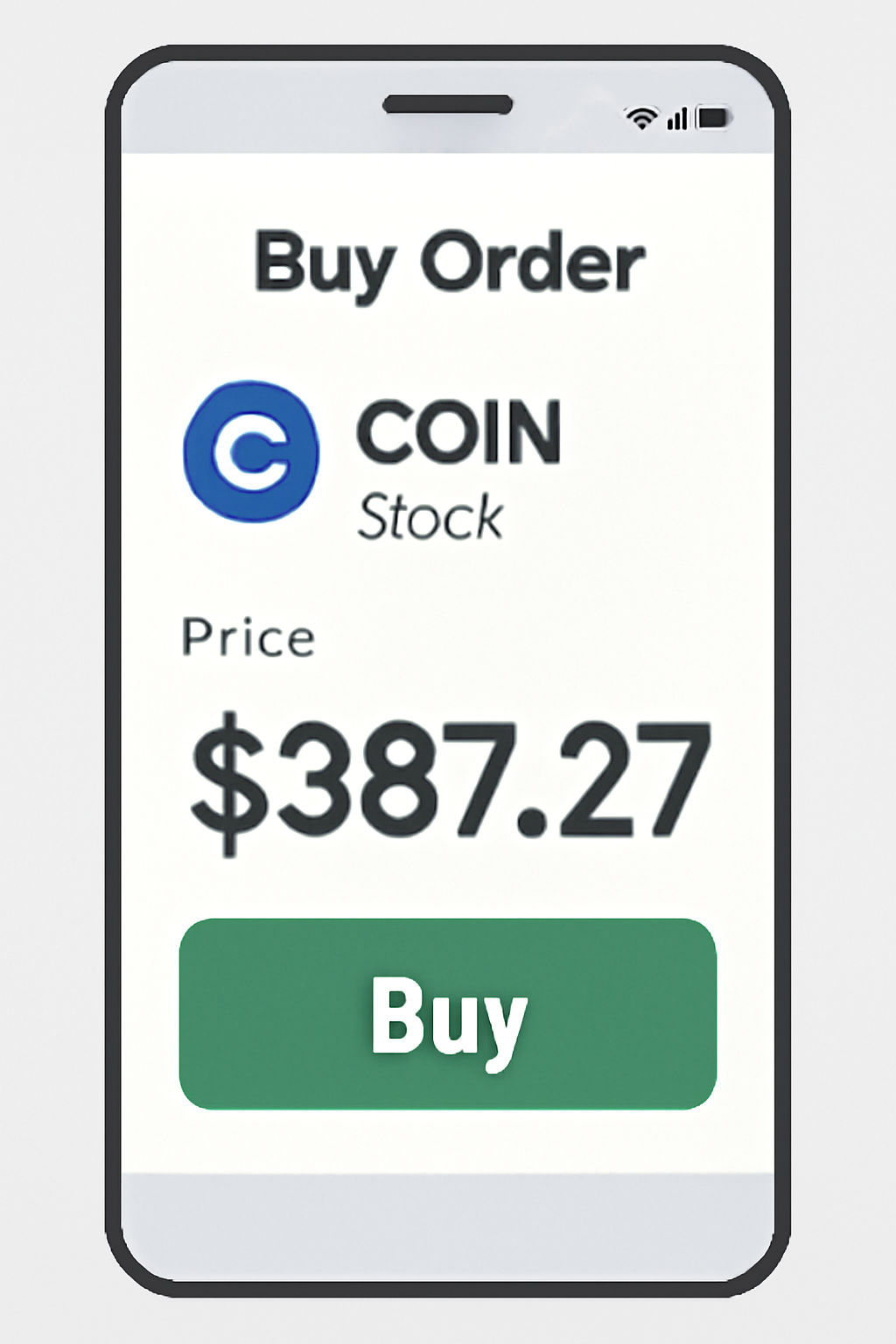 A trading app interface showing a buy order for COIN stock, highlighting the $387.27 price.