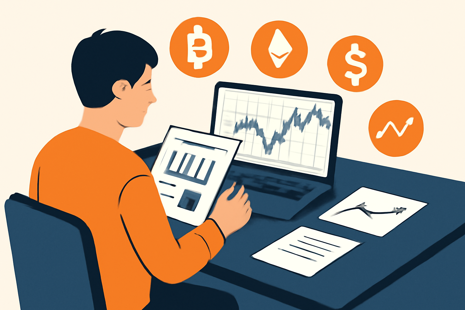 A person at a desk analyzing financial reports and stock charts with crypto symbols overlayed.