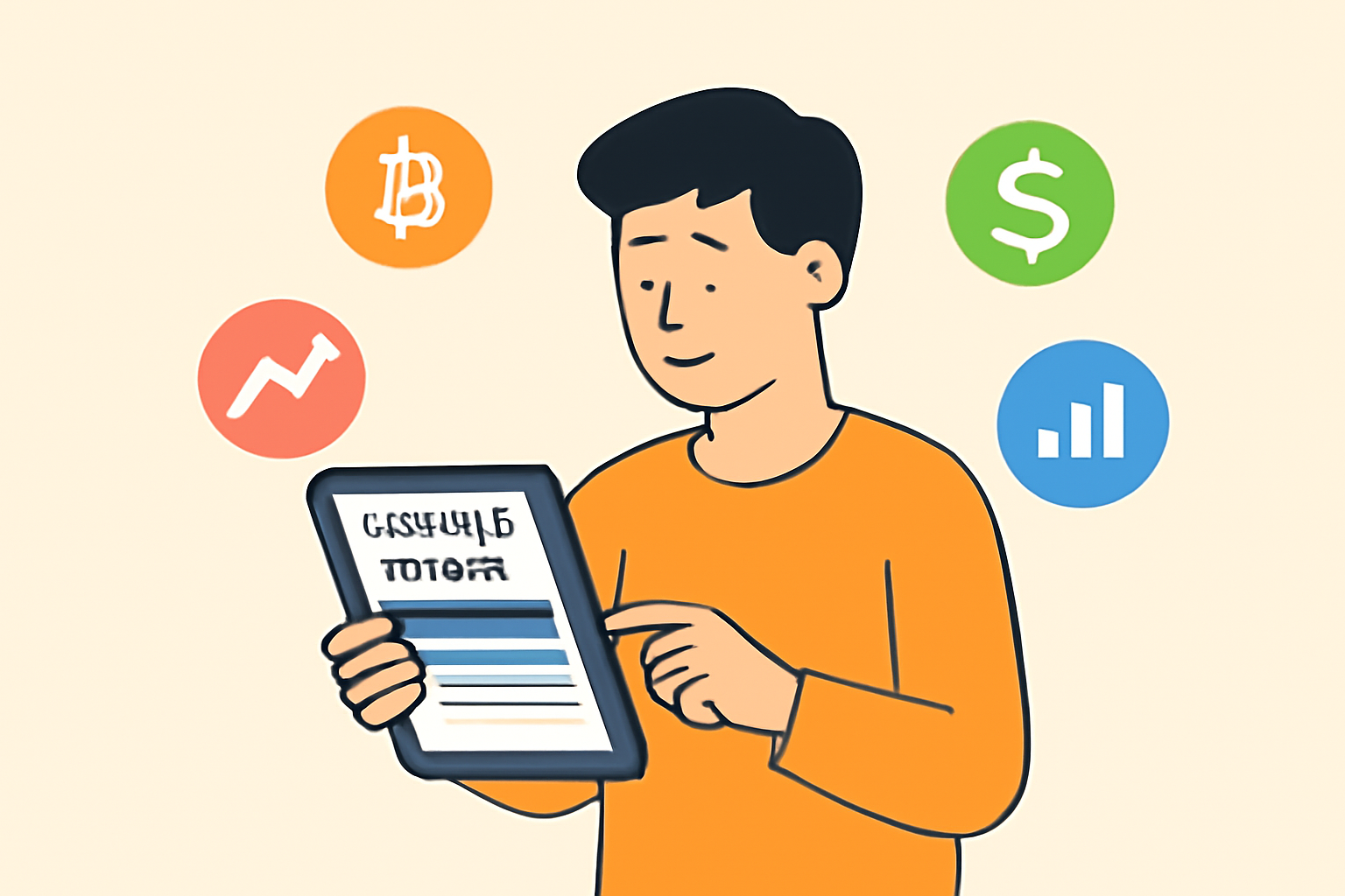 A person reading financial news on a tablet with crypto and stock icons floating around.
