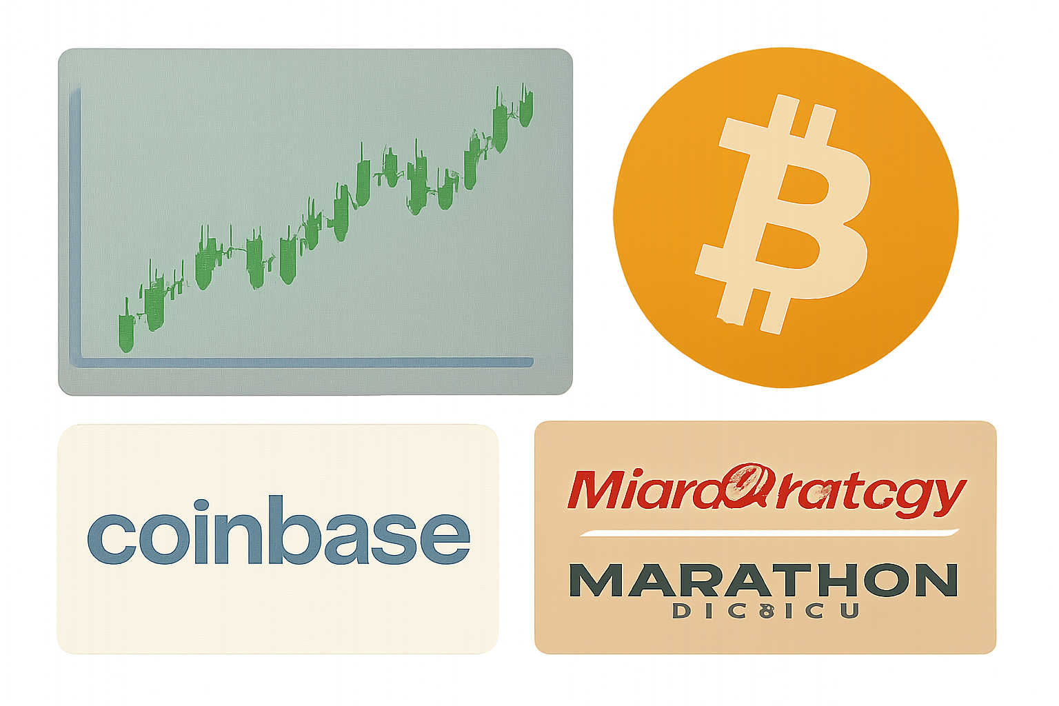 A collage showing a stock chart, Bitcoin symbol, and company logos like Coinbase, MicroStrategy, and Marathon Digital.