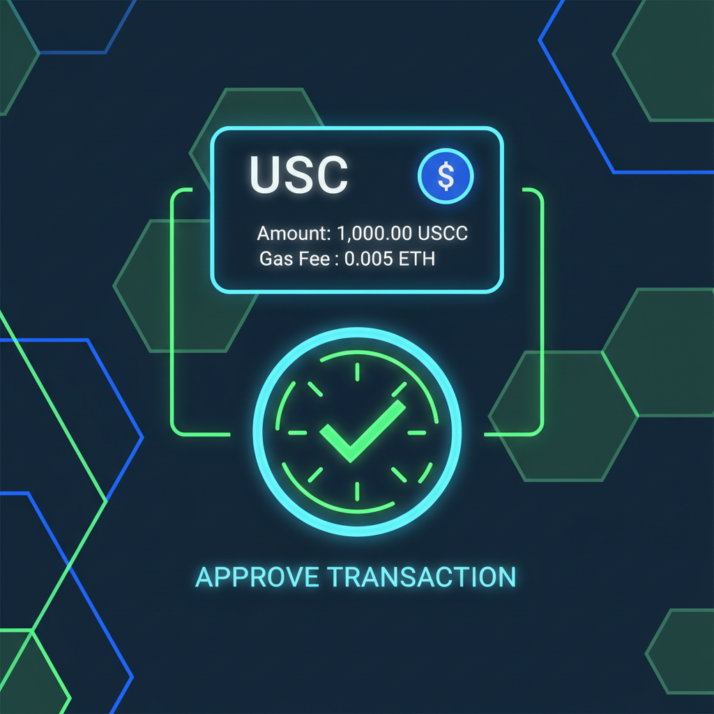 ethereum wallet approving USDC onchain transaction, glowing green checkmark, futuristic neon UI