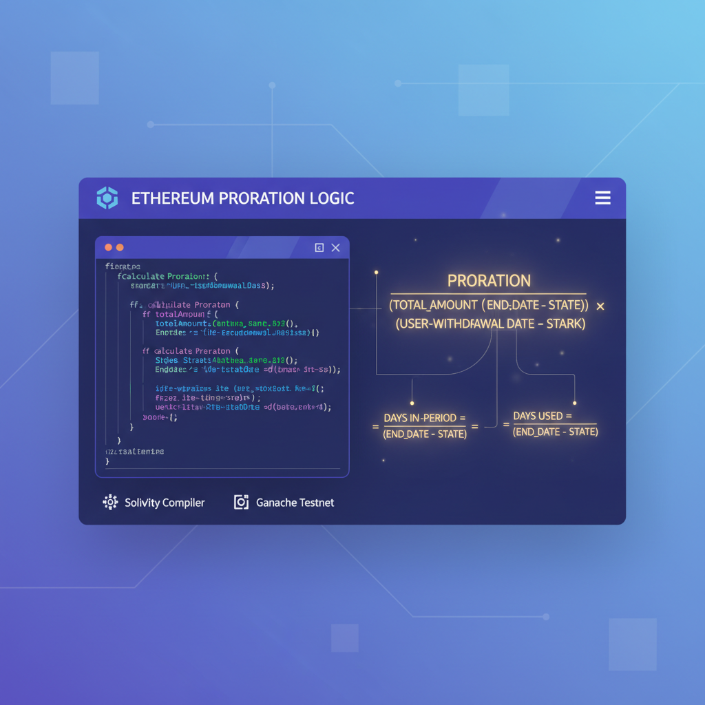 solidity code calculating proration formula on ethereum blockchain, math equations glowing, developer dashboard