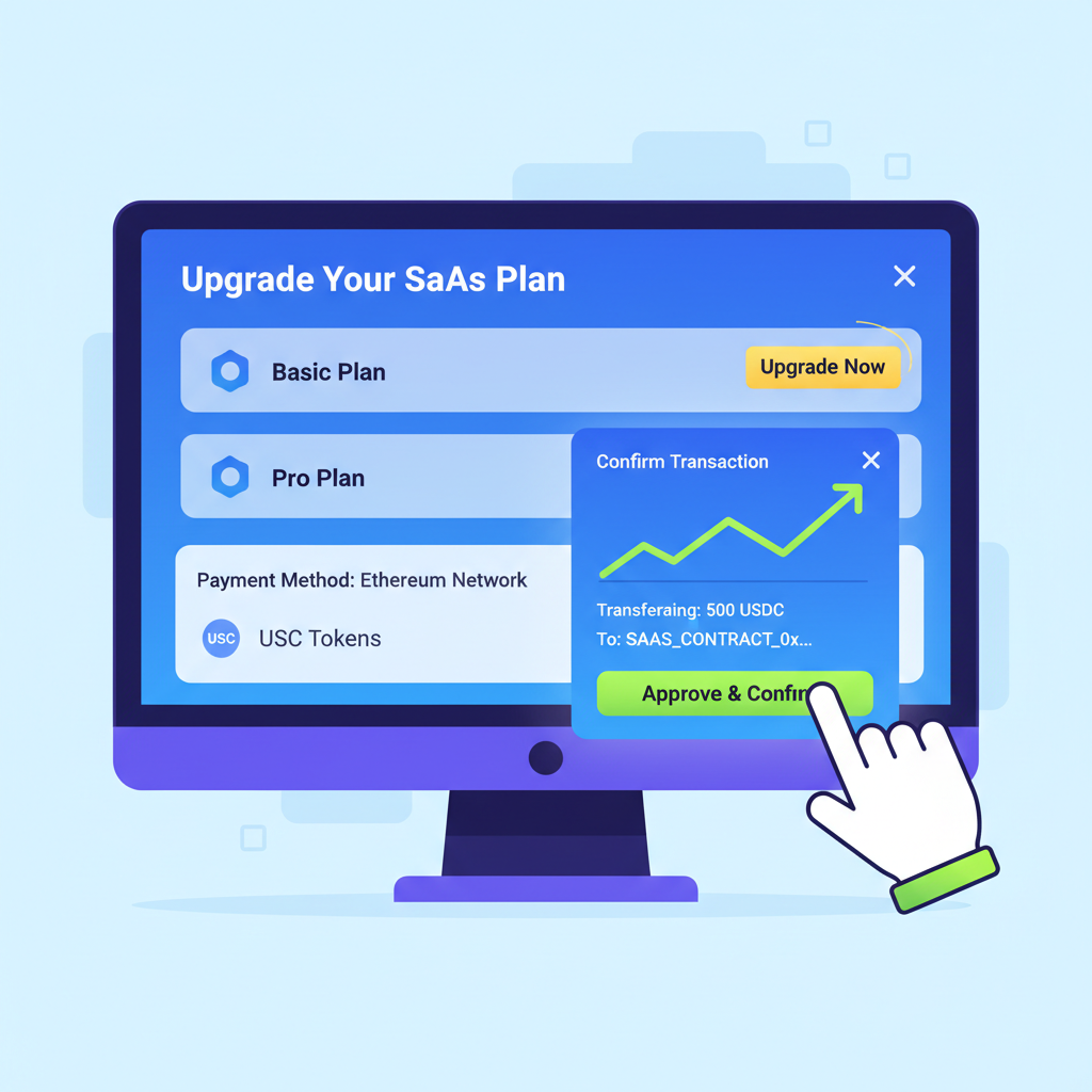 user upgrading saas subscription on ethereum, USDC tokens transferring, upward arrow graph, vibrant web3 interface