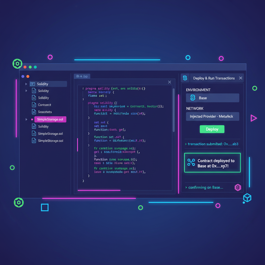 Remix IDE interface deploying simple smart contract to Base blockchain, futuristic neon UI, crypto theme