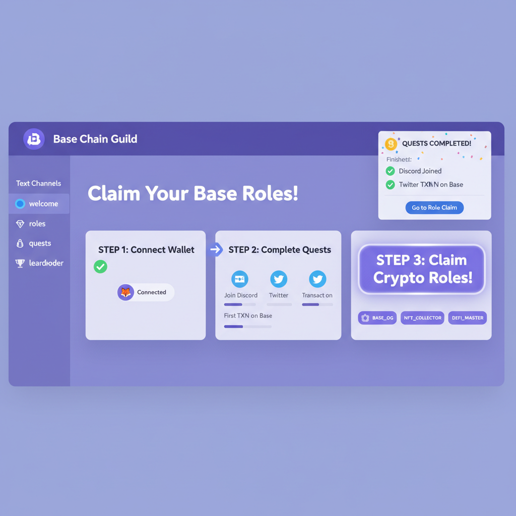 Discord guild interface claiming crypto roles on Base, community quests completion screen, vibrant server UI
