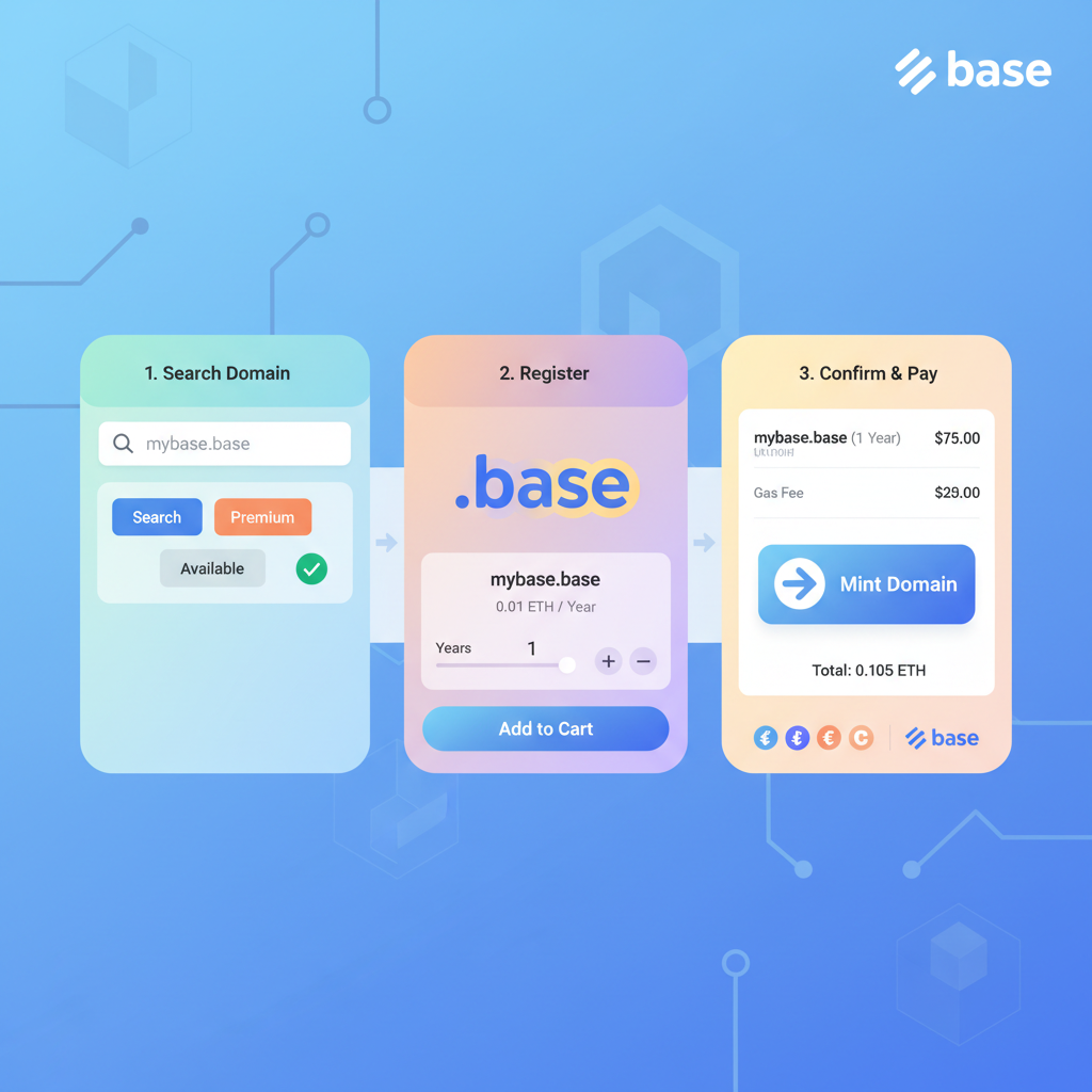 Wallet interface minting .base domain on Base network, colorful domain registration UI, blockchain style