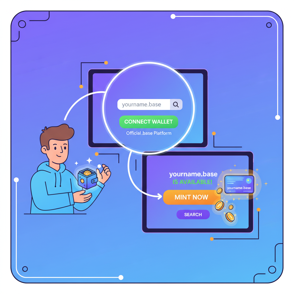 vibrant illustration user connecting wallet minting custom .base domain name on official platform