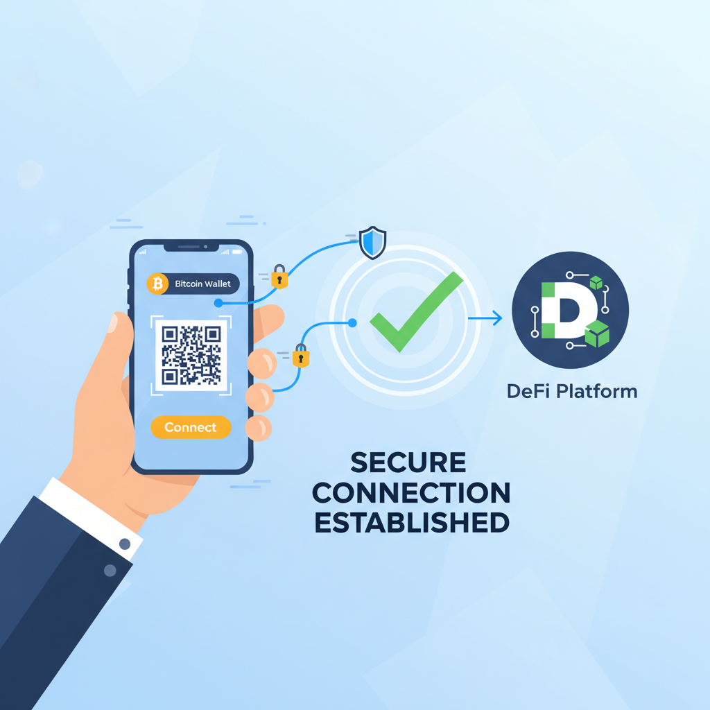 user connecting bitcoin wallet to dapp, secure connection animation