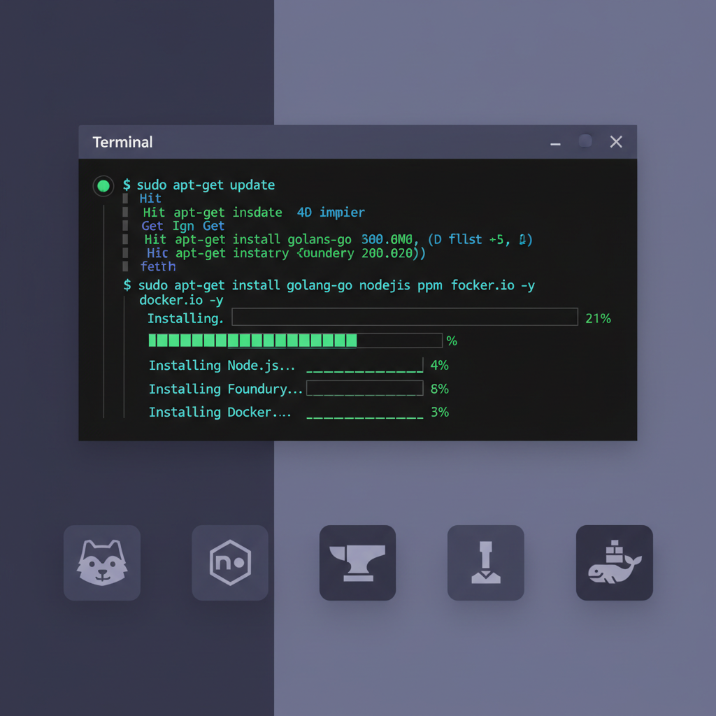 terminal installing Go Node Foundry Docker on Ubuntu desktop, dark mode code aesthetic