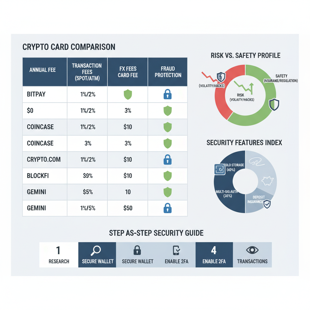 comparison chart of crypto card fees and security features, graphs showing risks vs safety, professional dashboard style