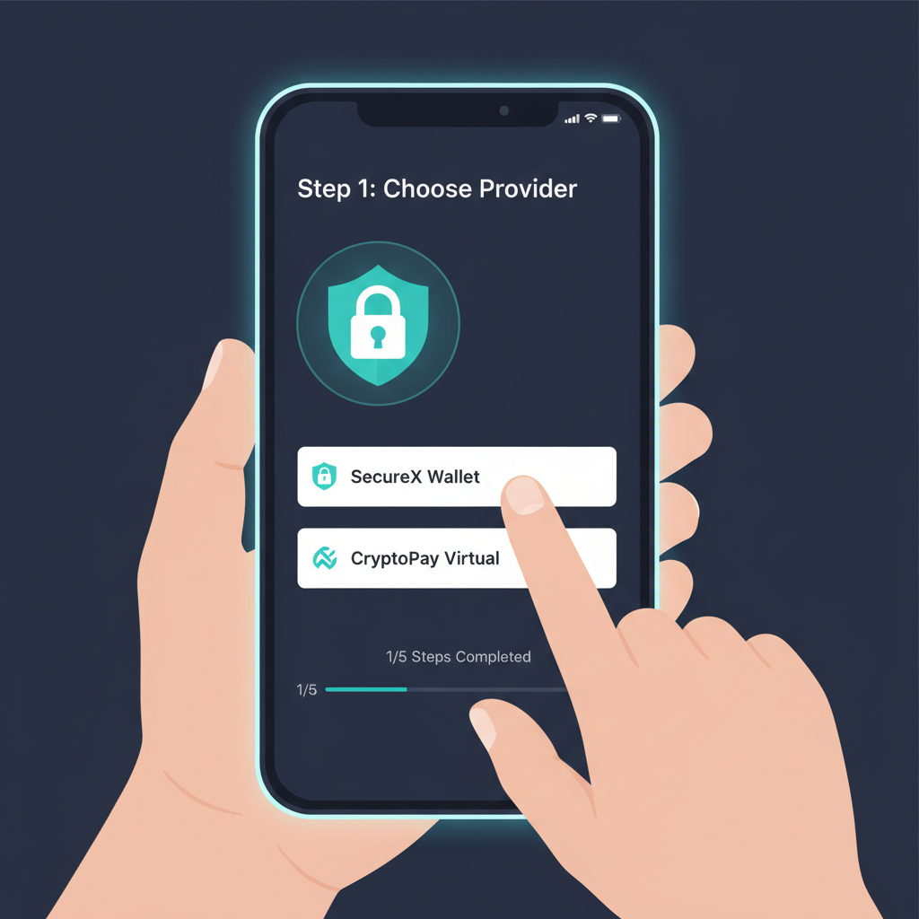 step-by-step setup of a virtual crypto card on phone screen, anonymous user interface, sleek digital wallet design