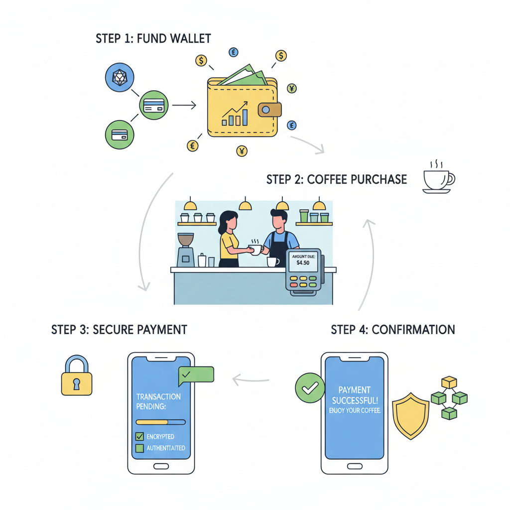 wallet funding crypto to card with small amount icons, testing purchase at coffee shop, secure transaction flow illustration