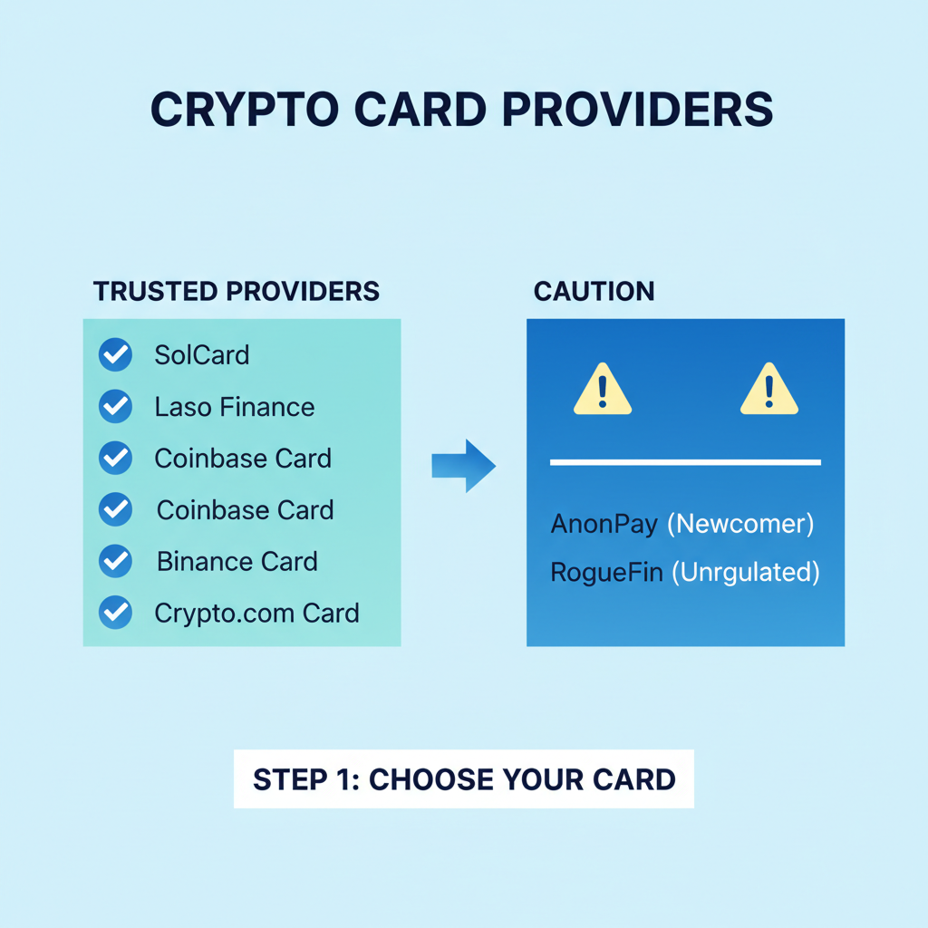 clean infographic of crypto card providers list like SolCard and Laso Finance with checkmarks and warning icons, modern blue tones