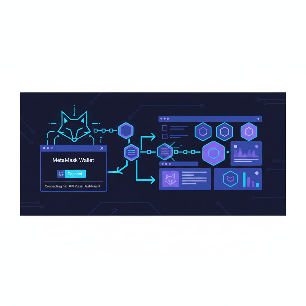 MetaMask wallet connecting to DeFi dashboard, futuristic UI, blue neon glow