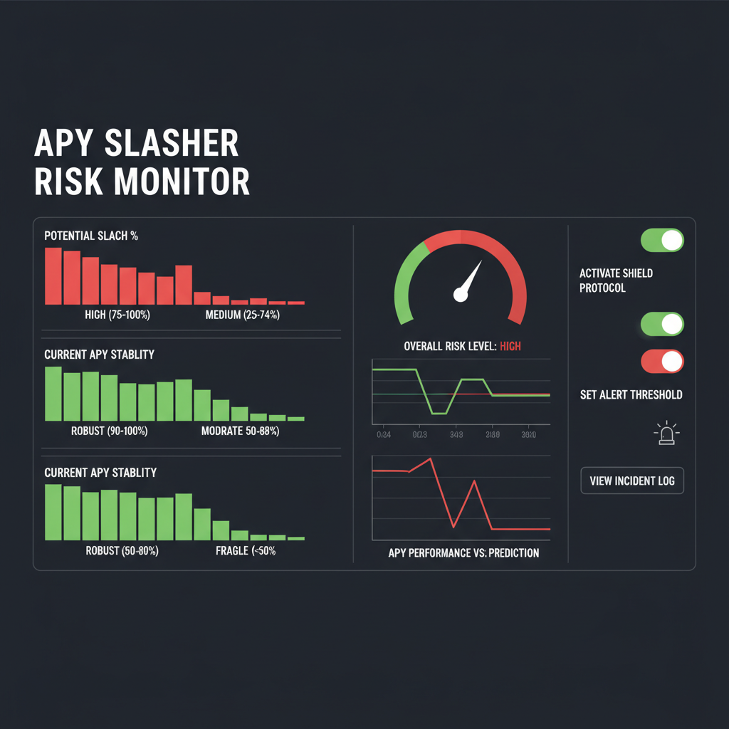Analytics dashboard monitoring APY slashing risks, red green charts
