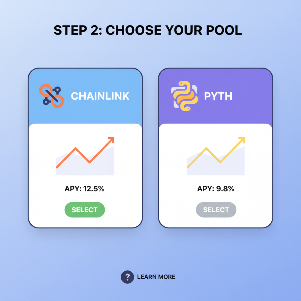 DeFi pool selection screen with Chainlink and Pyth options, charts showing APY