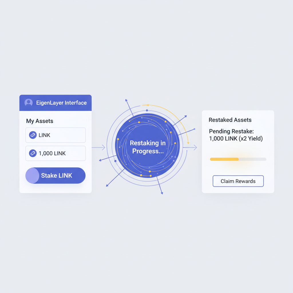 User staking LINK tokens on EigenLayer interface, glowing restaking animation