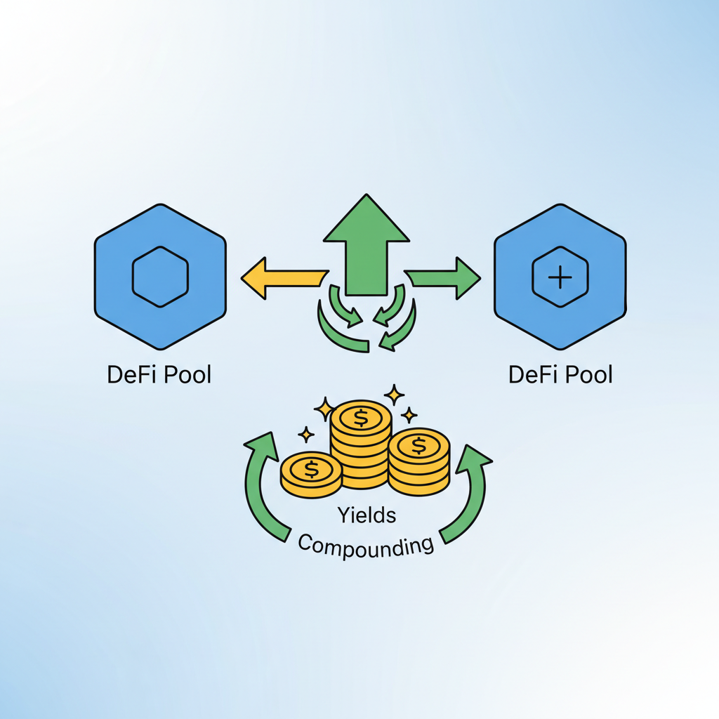 Withdrawing yields from DeFi pool, compounding arrows, gold tokens