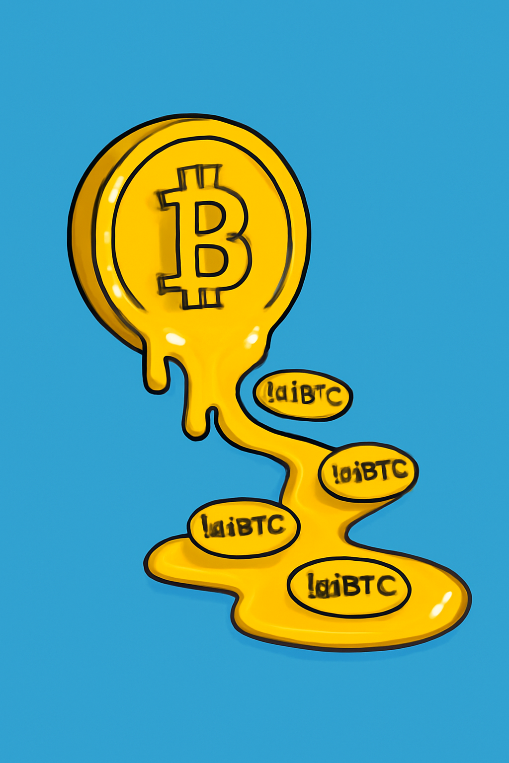 BTC transforming into liquid lstBTC tokens, shiny gold bitcoin melting into stream