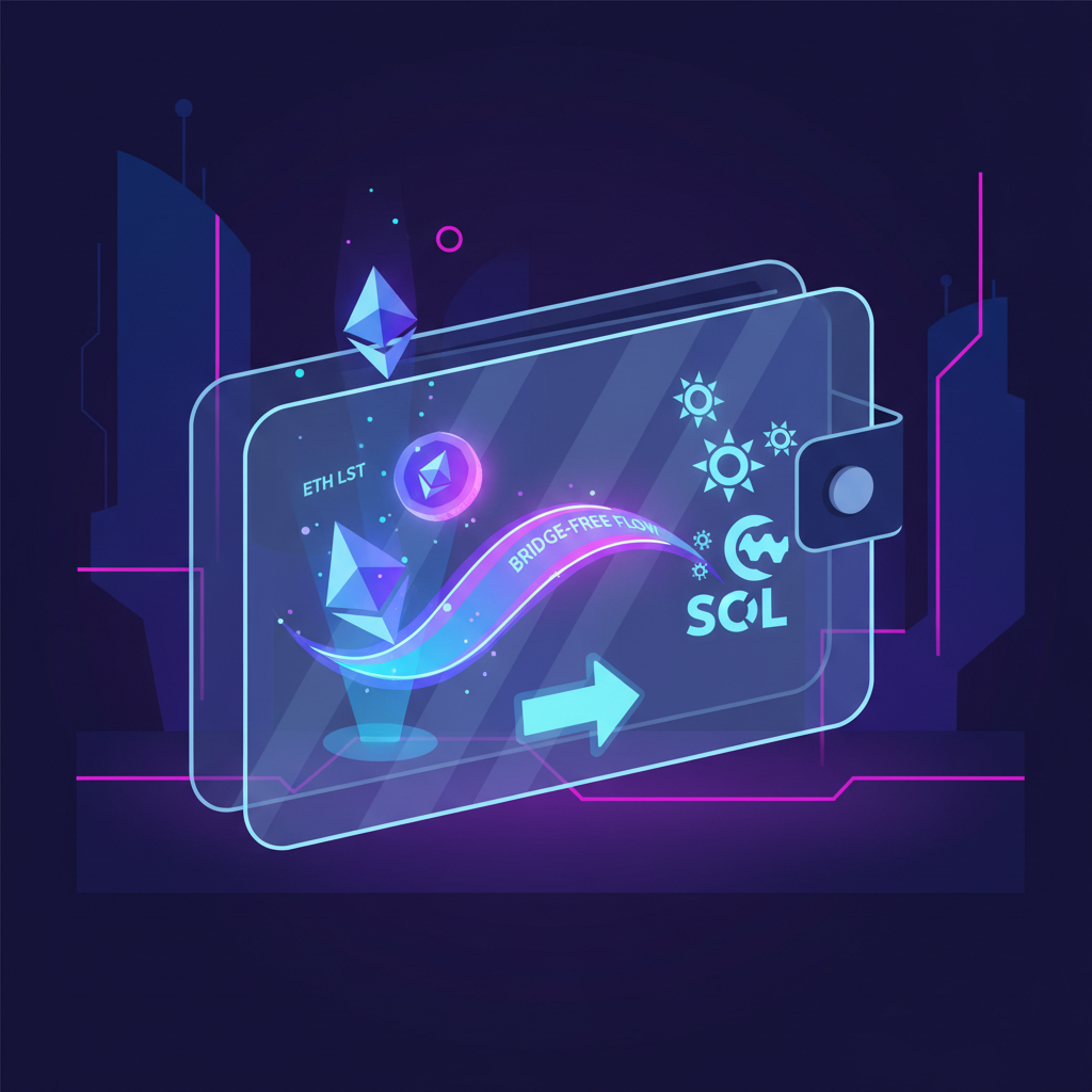 neon glowing ETH LST tokens floating in a digital wallet, cyberpunk ethereum to solana bridge-free flow, vibrant blues and purples