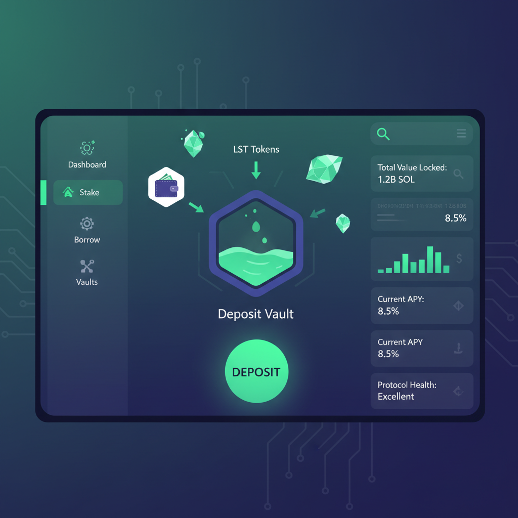 sleek solana vault interface with LST deposit animation, glowing deposit button, futuristic DeFi dashboard, high-tech green hues