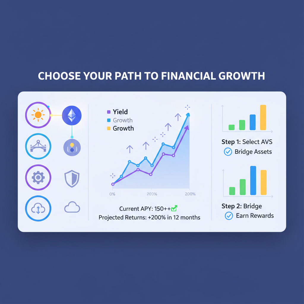 interactive AVS selection panel with yield charts spiking up, solana icons and ethereum bridges, motivational graph visuals