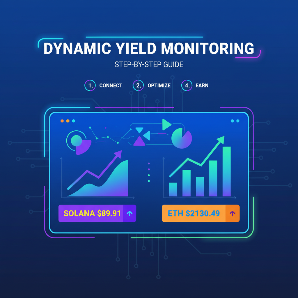 dynamic yield monitoring dashboard with rising charts, solana and eth price tickers at $2130.49 and $89.91, neon analytics screen